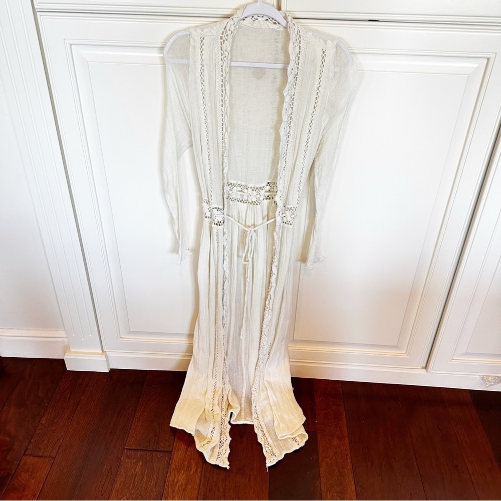 Jen’s Pirate‎ Booty Women’s Gauzy Crinkle Crochet Knit Cream Maxi Duster Sheer - Picture 5 of 14